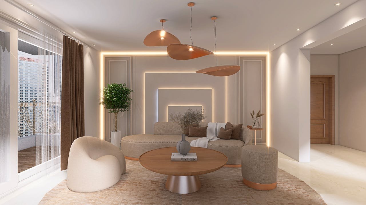 Stylish modern living room featuring contemporary furniture and elegant lighting.